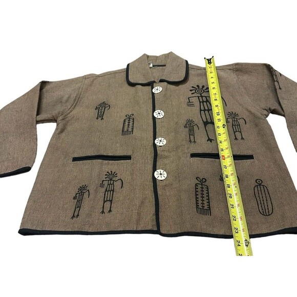 Venus Imports shacket top hieroglyphics large white buttons Nepal brown black - Picture 13 of 16
